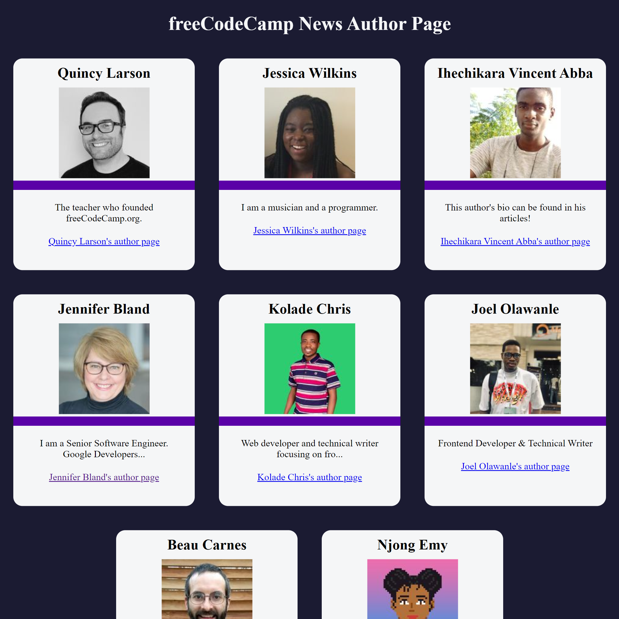 fCC Authors Page Project Screenshot.